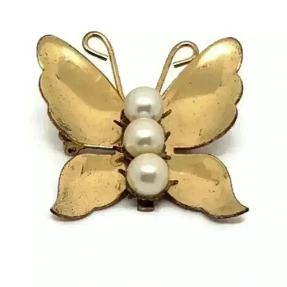 Vintage Signed CORO Butterfly Brooch Faux Pearl Body Boho Gold Toned Figural